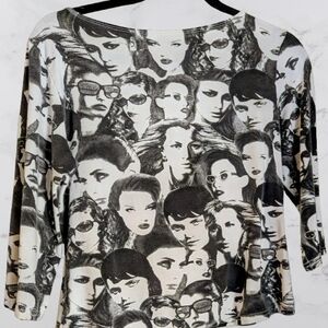 Graphic Print Women's Blouse Shirt Old Hollywood Faces Black and White